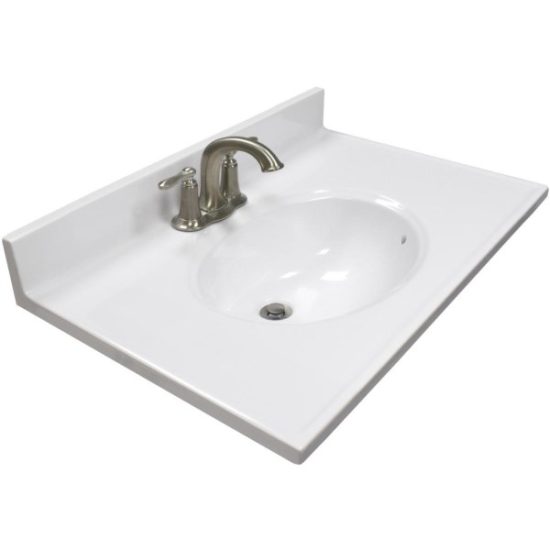 Modular Vanity Tops 31 In. W x 19 In. D Solid White Cultured Marble Non-Drip Edge Vanity Top with Oval Bowl