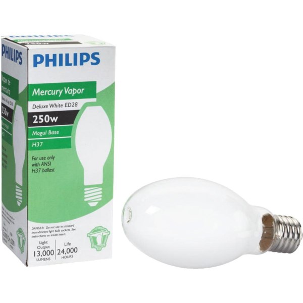 Philips 250W Coated ED28 Mogul Screw Mercury Vapor High-Intensity Light Bulb