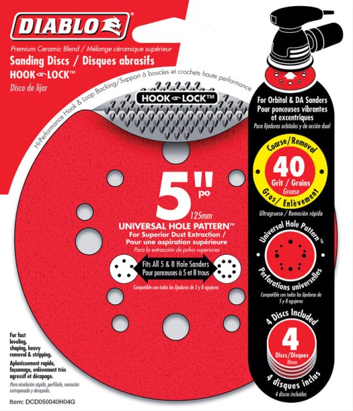 Diablo 5 In. 40-Grit Universal 12-Hole Vented Sanding Disc with Hook and Lock Backing (4-Pack)